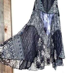 Minkas Boho Patchwork Vest - Navy Blue & White, Open Front, Midi Length